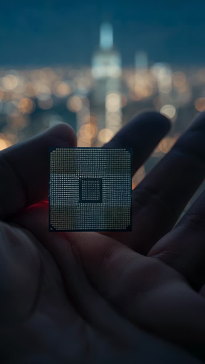 Vertical video: Holding palm showing microchip grid on roof at dusk, with focus and light shifting