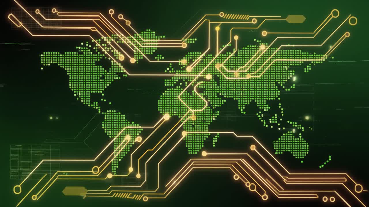 Animated World Map with Glowing Circuit Board Connections
