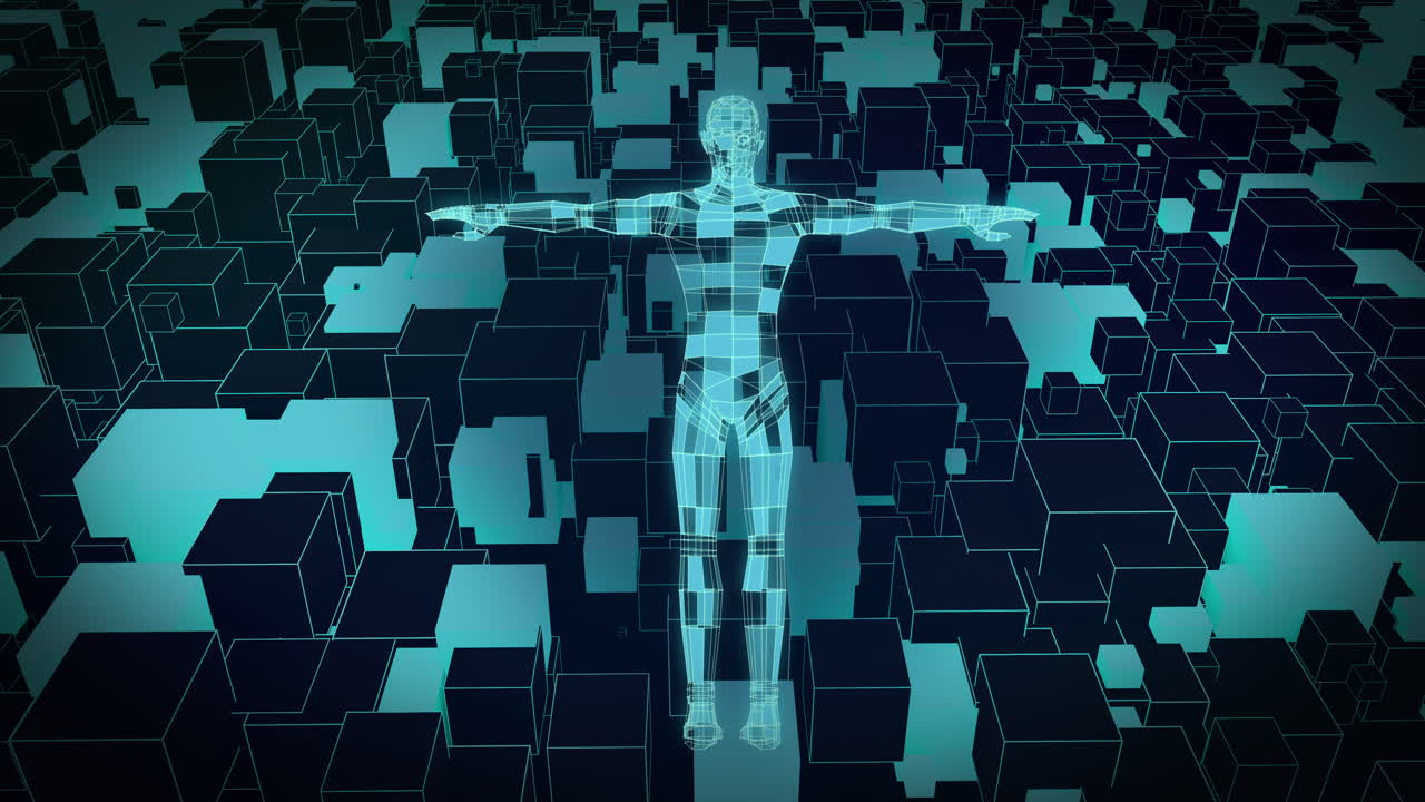 Animation of blue 3d cuboid body shape rotating over moving cubes