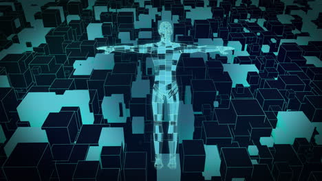 animation of blue 3d cuboid body shape rotating over moving cubes