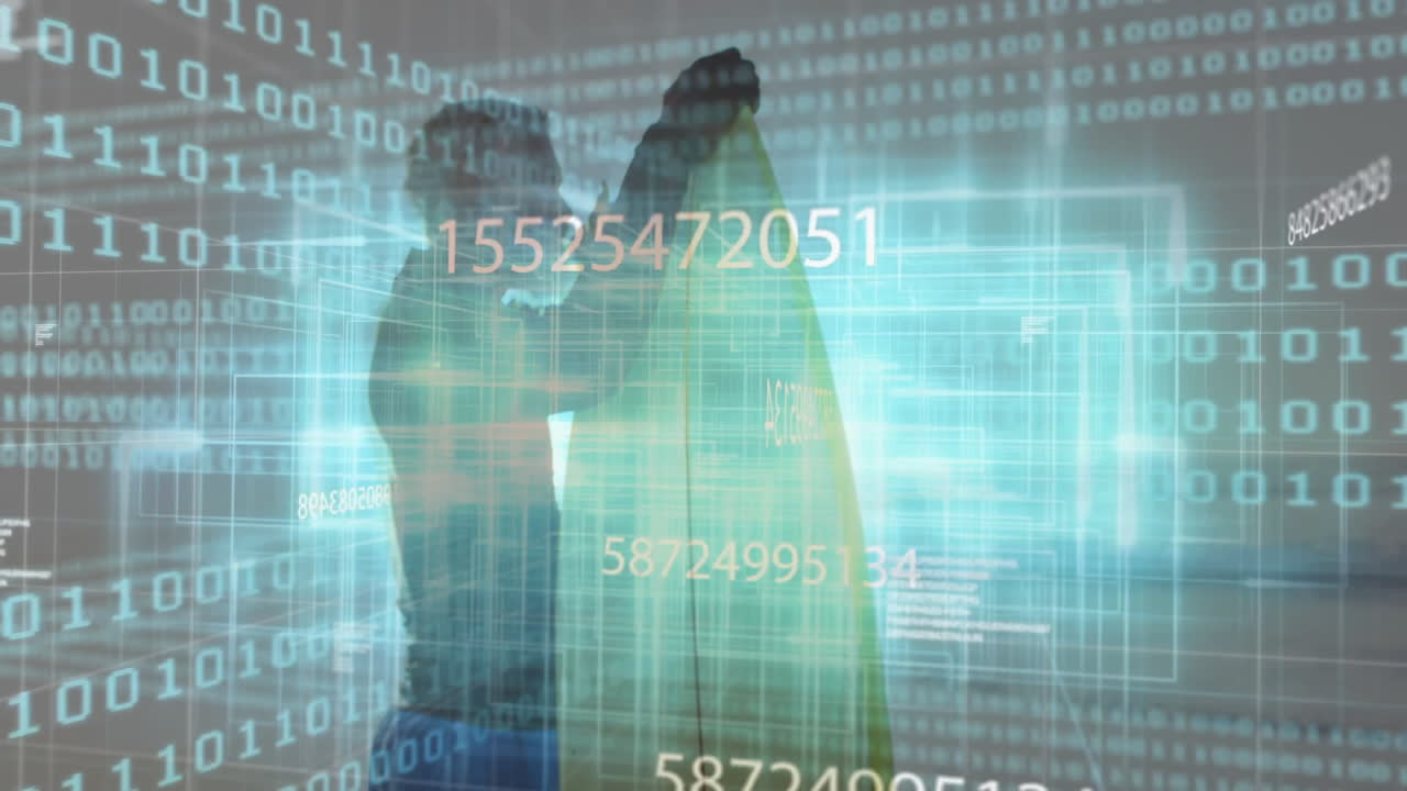 Interacting with animation of digital data, silhouetted person analyzing numbers