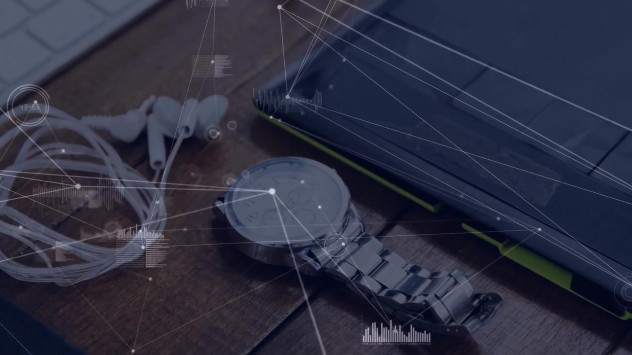 Overlay mesh starting on tablet trackpad propagating through watch earphones visualizing data flow