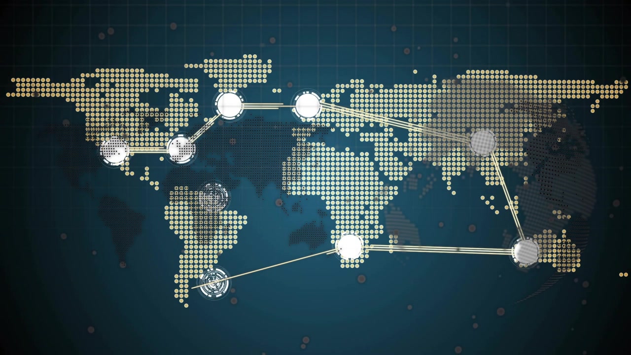 Pulsing hubs initiating connector lines across dotted world map, visualizing global data flow