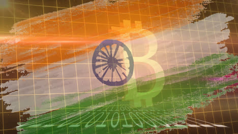 animation of bitcoin symbol and binary coding over flag of india in background