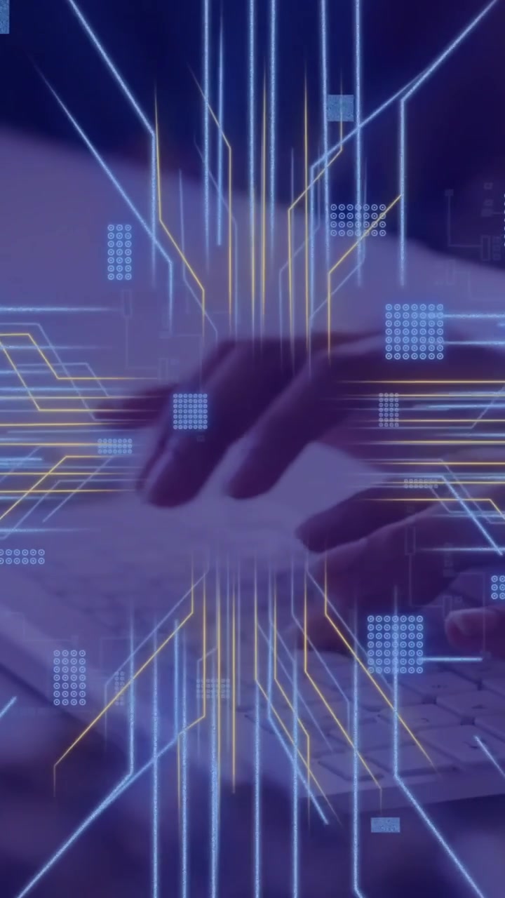 Animation of circuit board with data processing over caucasian woman using laptop