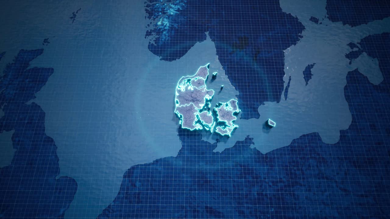 낙서, 파란색 네온 스타일로 테두리가 있는 덴마크의 추상 기하학적 미래형 개념 3d 지도