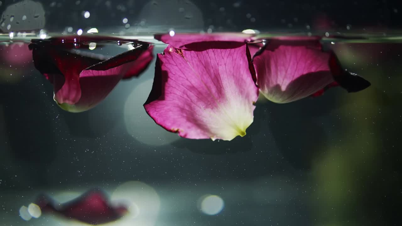 Petali rosa ondulati che si depositano lentamente verso la linea di galleggiamento in un recipiente di vetro, bokeh di bolle che salgono