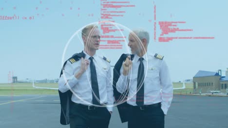 forma abstracta y procesamiento de datos sobre dos pilotos caucásicos hablando mientras caminan por la pista del aeropuerto