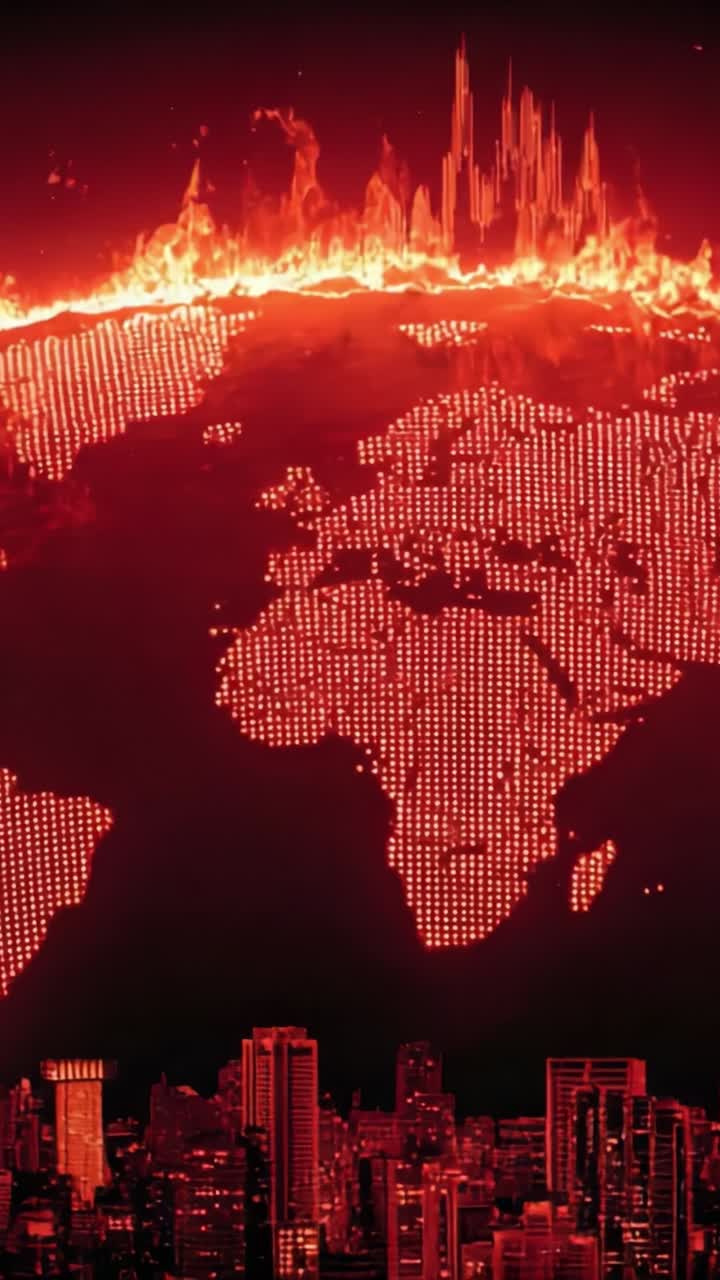 Uma imagem impressionante de um mapa-múndi flamejante iluminado em vermelho, retratando uma paisagem urbana ousada sob um efeito de chama dramático