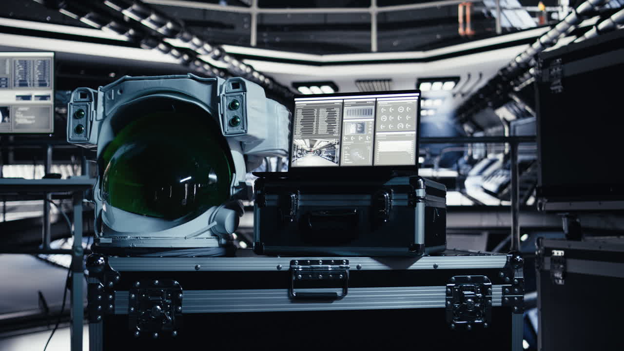 Space helmet next to laptop in starship showing sensors calibrating software