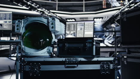 space helmet next to laptop in starship showing sensors calibrating software