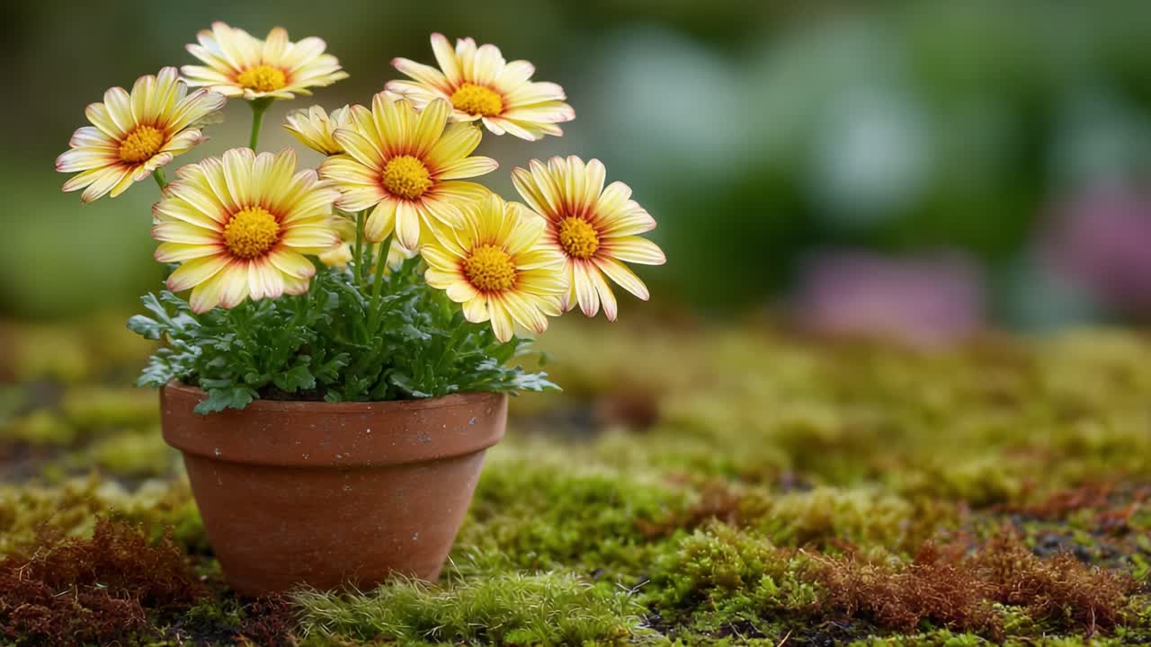 A Beautiful Display of Vibrant Yellow Daisies in a Terracotta Pot, Nestled Among Soft Moss, Capturing the Essence of Nature's Serenity and Charming Beauty