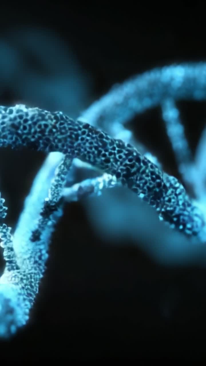 Visualizzazione accattivante di una struttura molecolare: una spettacolare rappresentazione di eliche illuminate di blu con dettagli intricati e movimento dinamico.