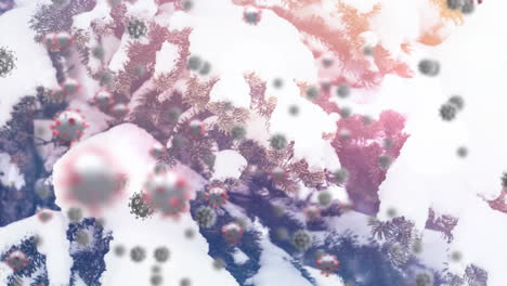 animation of covid 19 cells floating over winter scenery in background