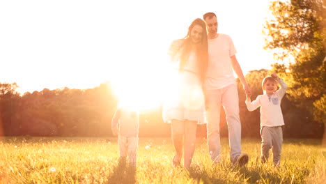 Glückliche-Familie,-Ihr-Mann-Mit-Zwei-Kindern-Geht-Bei-Sonnenuntergang-Im-Abendlicht-Im-Sommer-Bei-Warmem-Wetter-Auf-Dem-Feld-Spazieren.