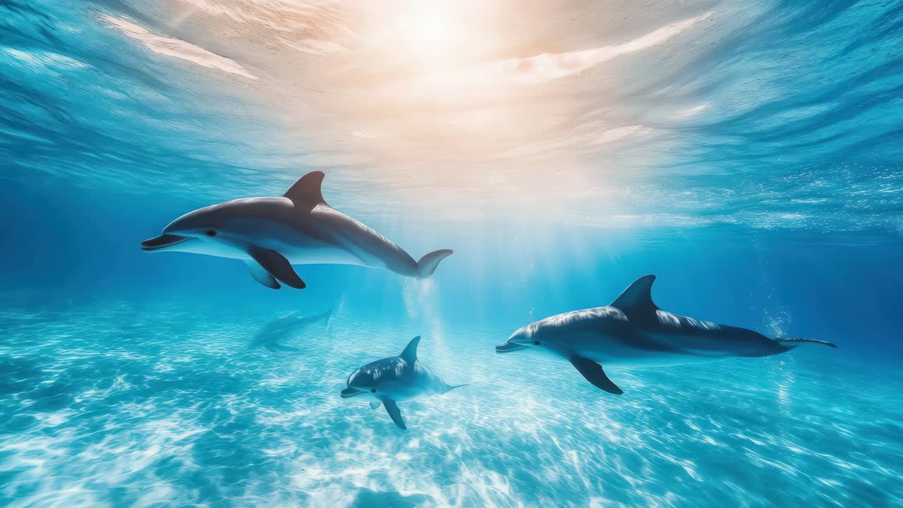 Underwater video scene of dolphins swimming gracefully