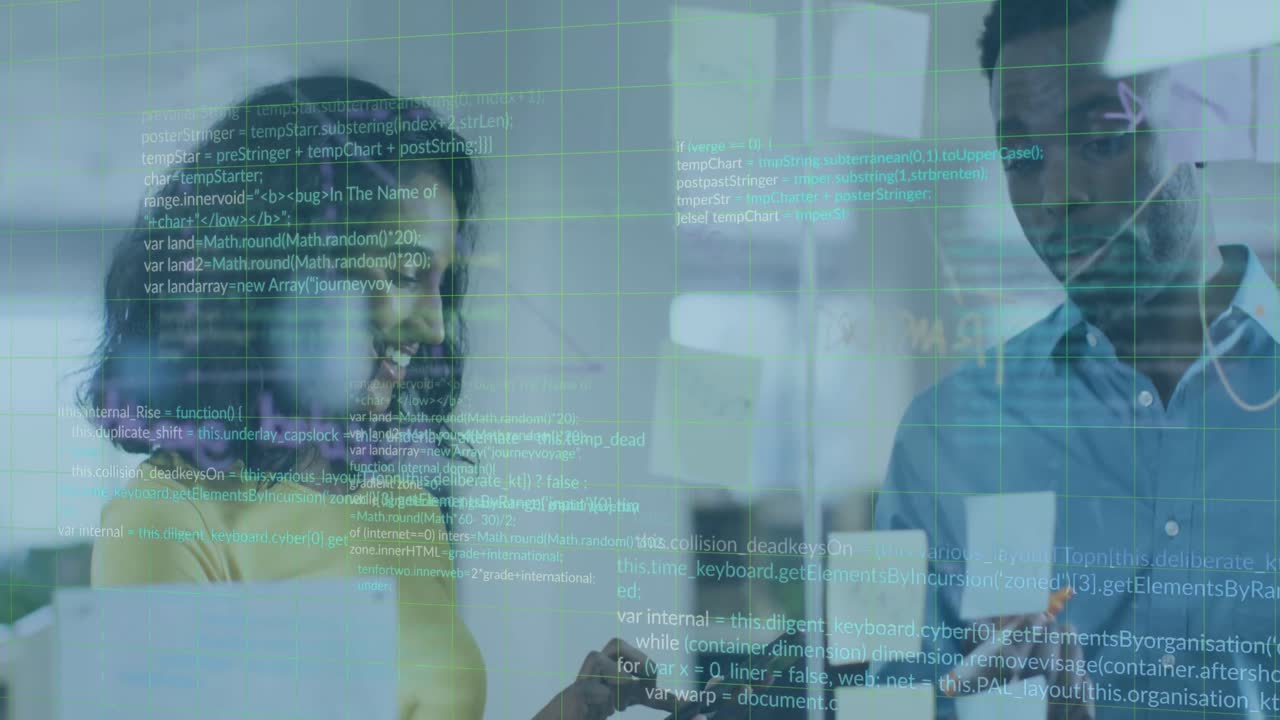 Animation of financial data processing over diverse business people in office
