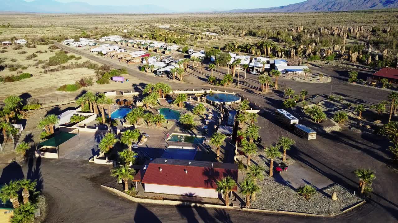 Aerial view of the Glamis North Hot Springs Resort in the California desert.