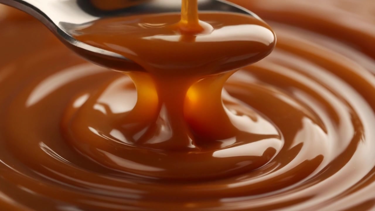 Tyk karamelsauce hældes ned på en sølvske
