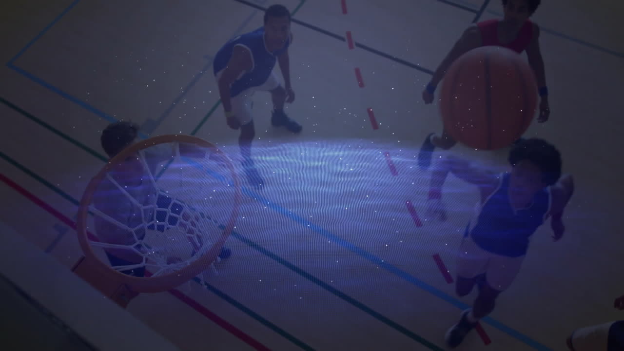 Basketball players on court with blue wave animation overlaying scene