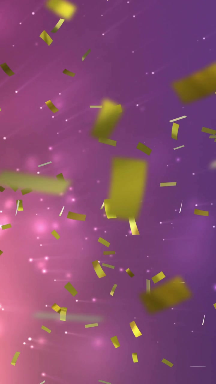Animazione di coriandoli dorati che cadono su sfondo stellato rosa e viola