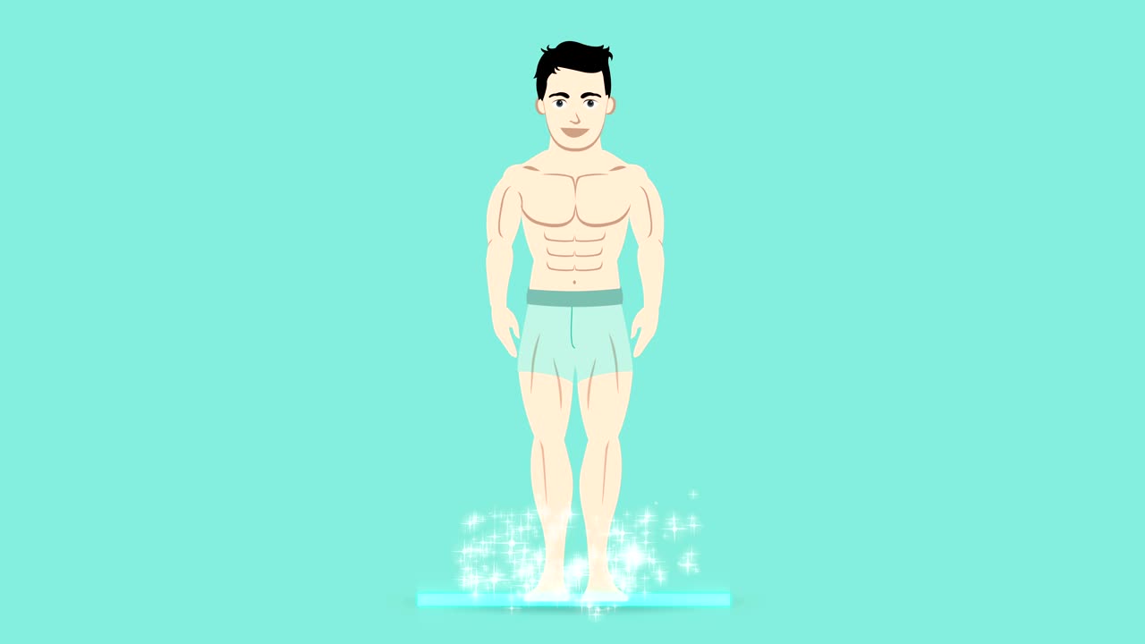 루프 애니메이션 한 남자가 평평한 디자인 스타일로 날씬한 모양으로 변신합니다.