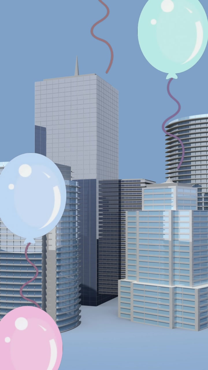 Animazione digitale di più palloncini che fluttuano sopra un modello 3D di grattacieli su sfondo blu