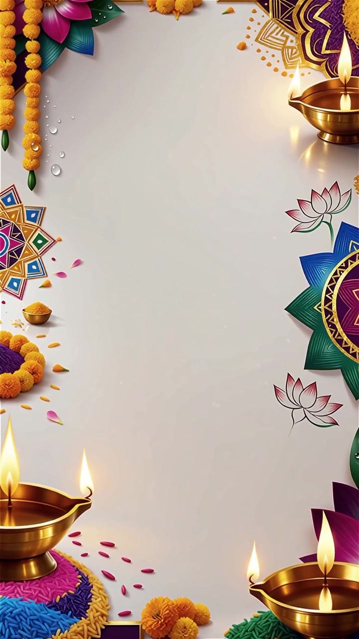 Sfondo Diwali con Diyas luminosi, Rangoli e fiori di loto