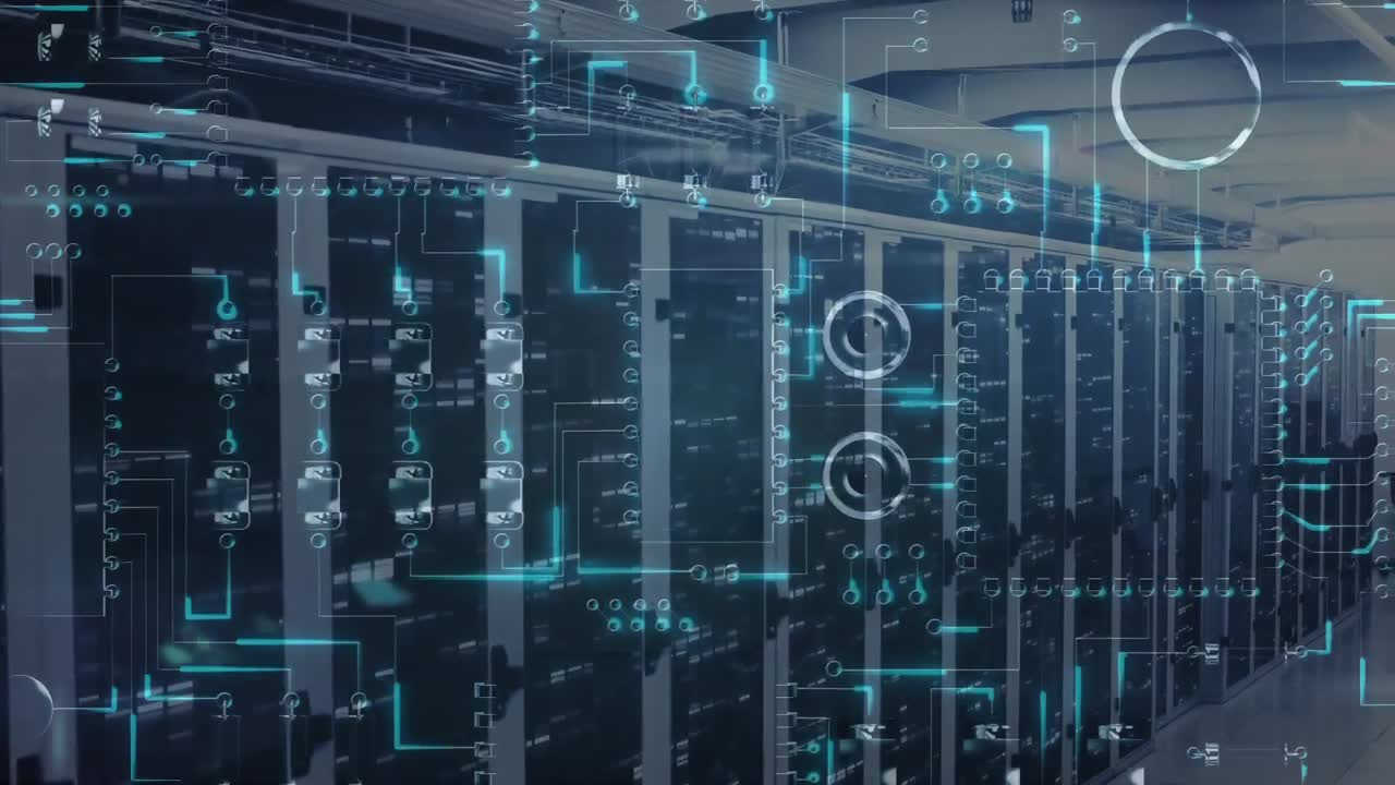 Animation of network of icons and connections, data processing and digital information in a server r