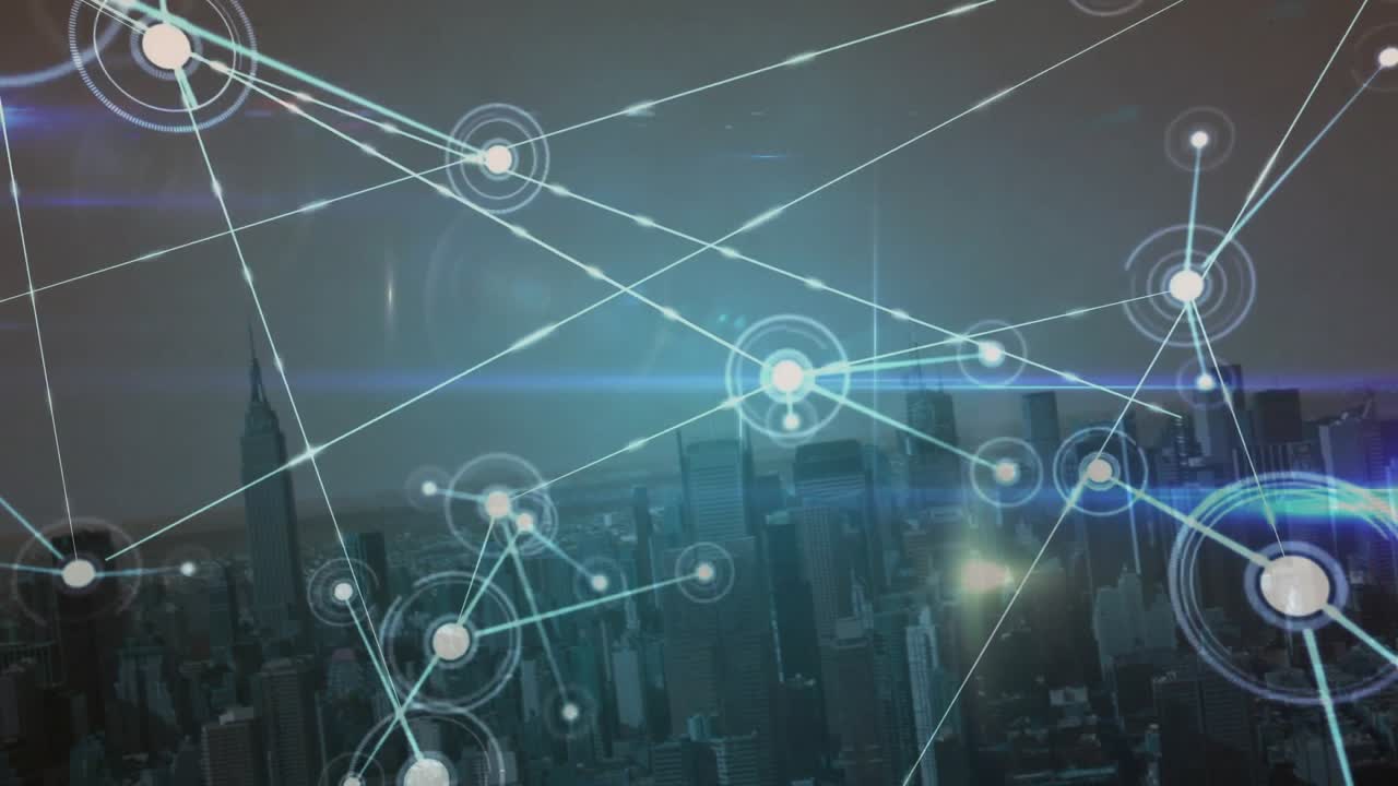 Single glowing node emerging over city skyline spawning linked nodes via lines expanding network