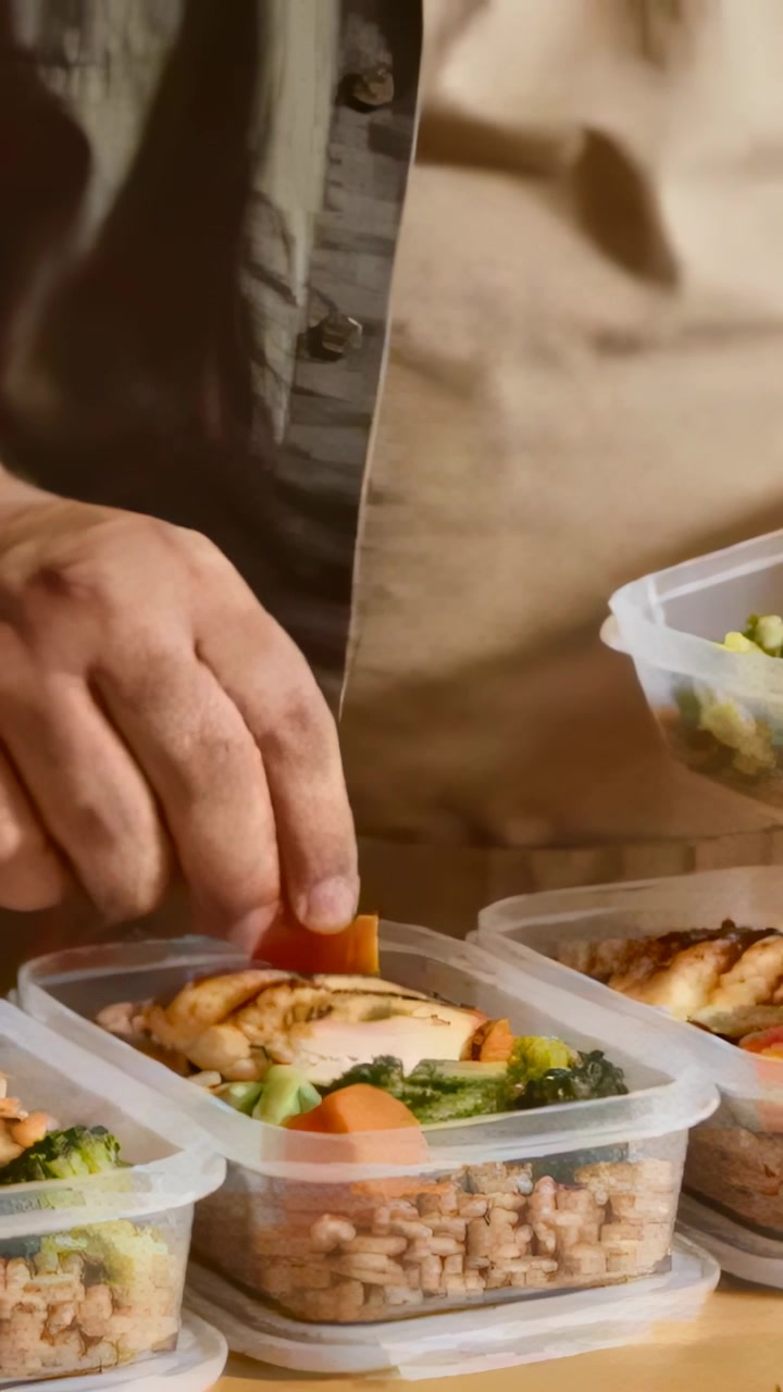 Вертикальное видео: Мужчина в фартуке раскладывает курицу в прозрачные контейнеры на домашней столешнице для приготовления еды.