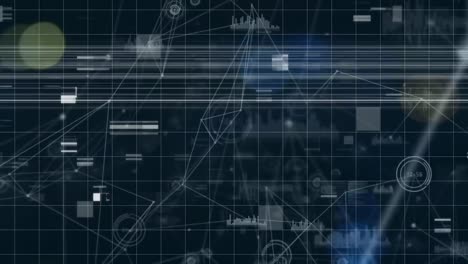 Animation-of-network-connecting-dots,-finance-data-on-glitch-digital-interface