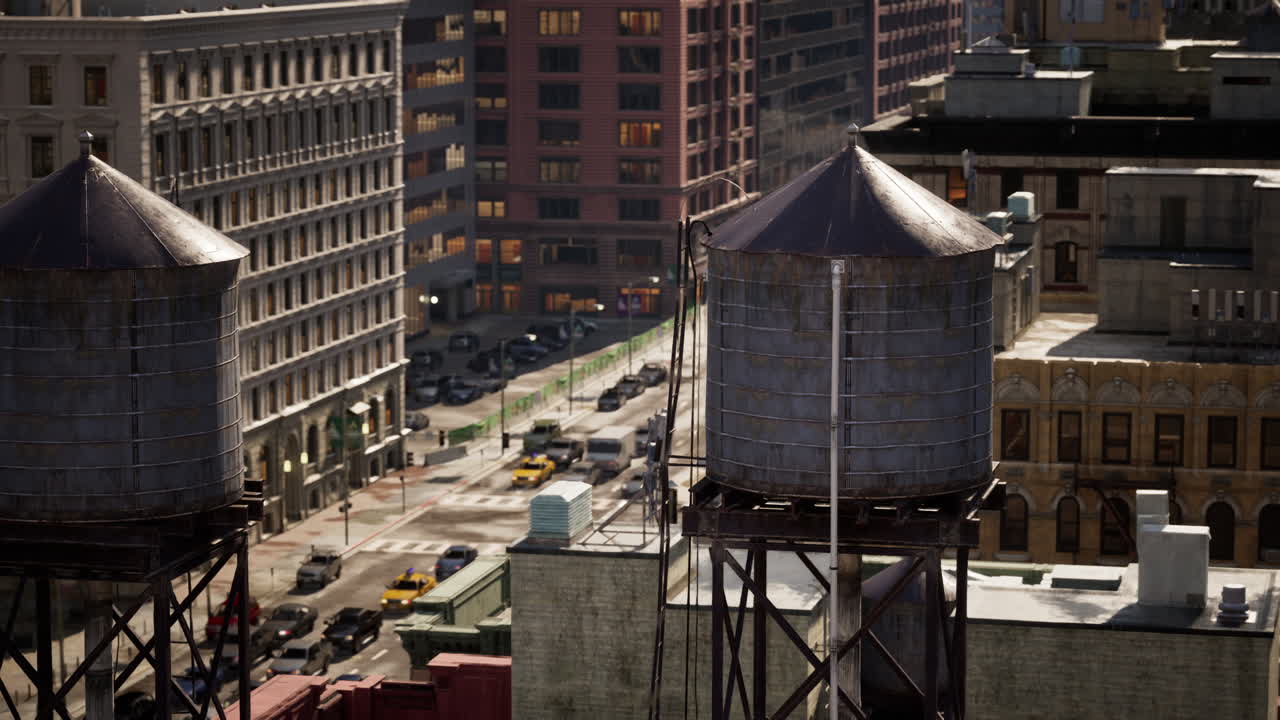 vista aérea de la ciudad de nueva york con torres de agua
