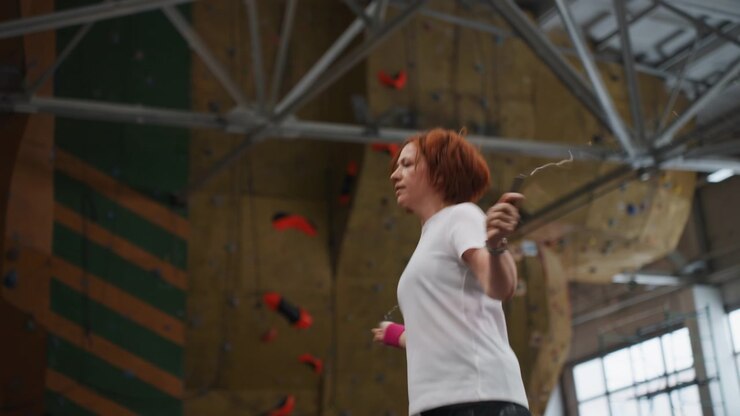 White woman practicing badminton serve indoors, casual training session in industrial sports hall with climbing wall backdrop, focused expression, wristband and shorts, rhythmic swing and precise