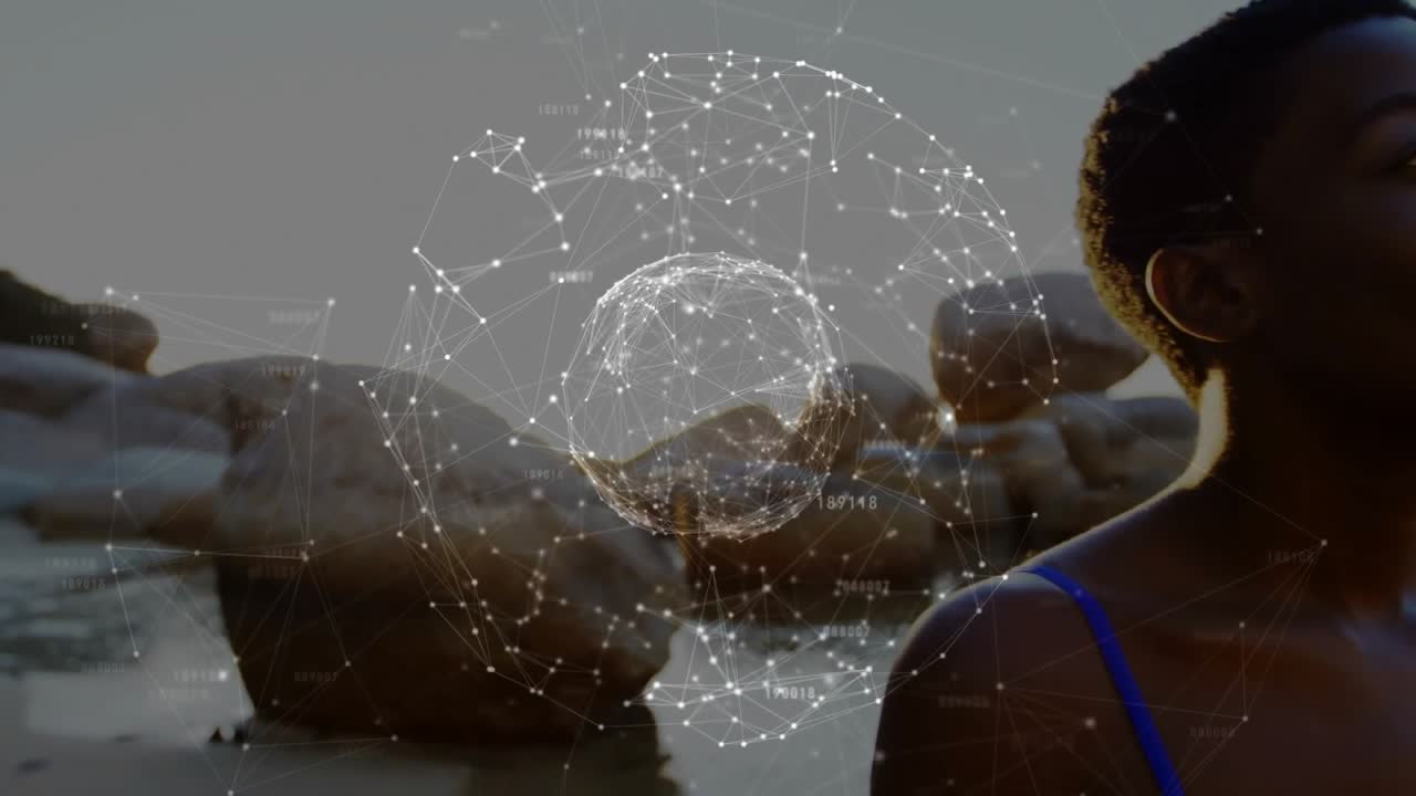 Network sphere overlaying woman wading in water causing head tilting and showing tech connectivity