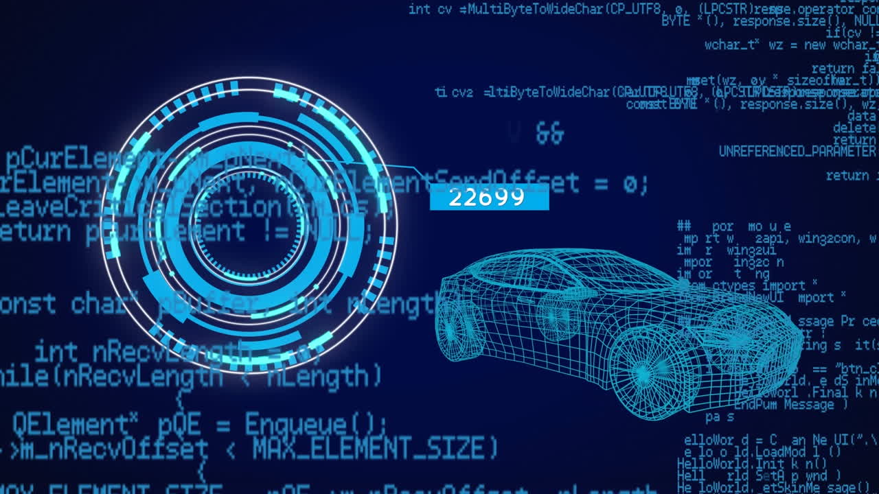 animación del procesamiento de datos a través del escaneo de alcance y el dibujo de automóviles en 3d.