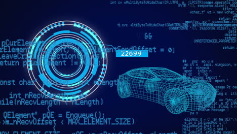 animation of data processing over scope scanning and 3d car drawing