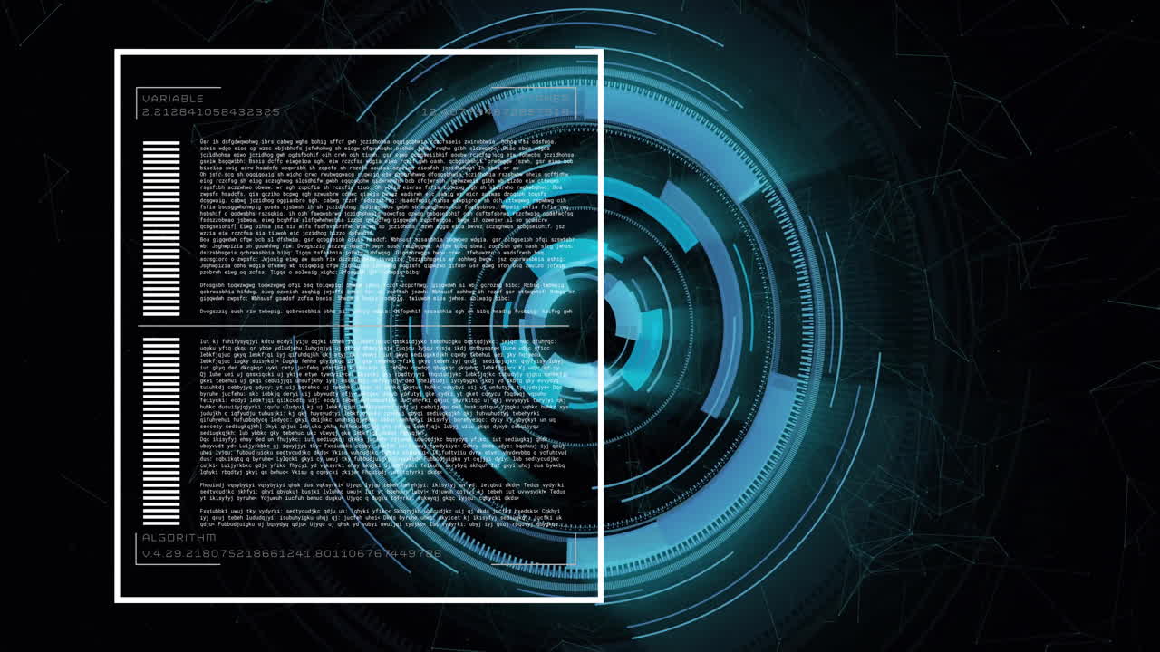 interfaz digital giratoria con animación de codificación y procesamiento de datos sobre fondo oscuro