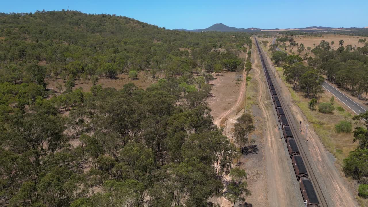 Aerial View of a Long Cargo Train Traveling Through the Australian Outback