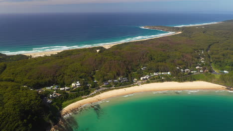 Seal-Rocks-seaside-town-on-New-South-Wales-coastline,-Australia,-aerial-view