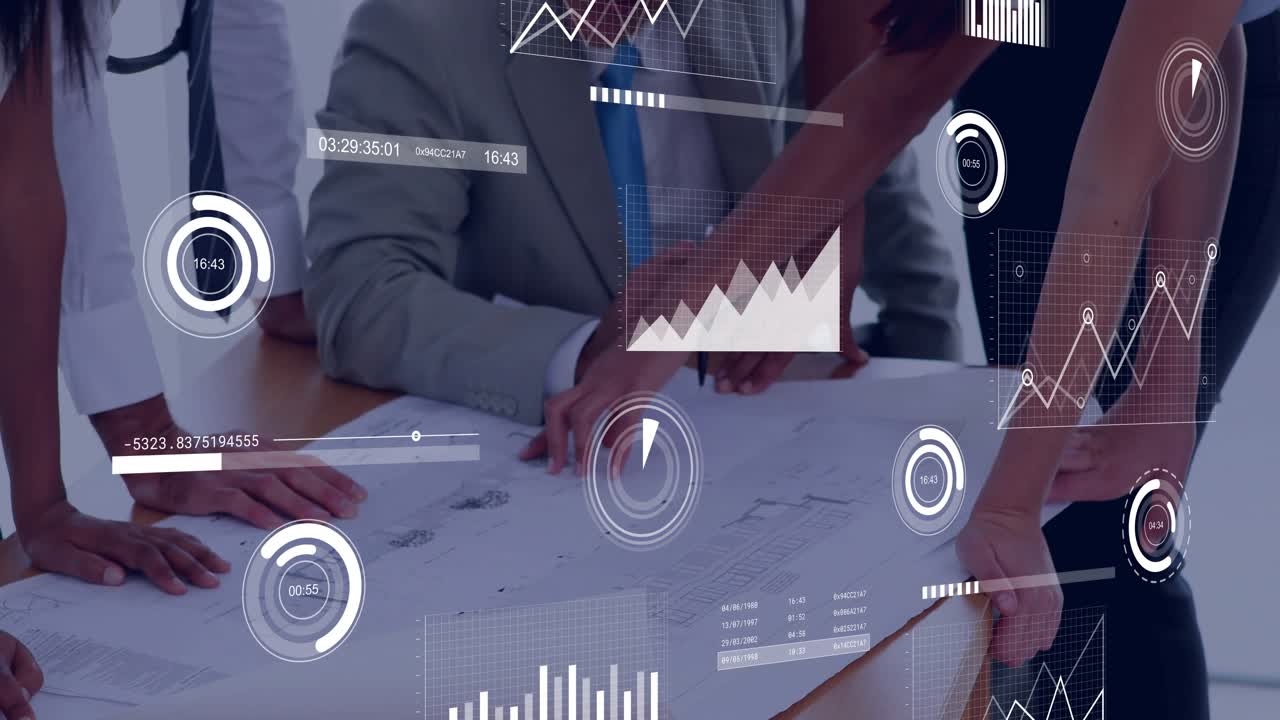 Hand on blueprint initiating team pointing as data overlays animating and outlining action plan
