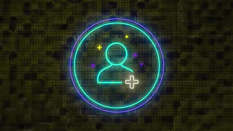 Digital-animation-of-neon-green-add-friend-icon-over-circular-banner-against-brick-wall