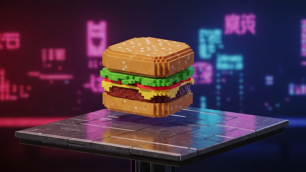 A Vibrant 3D Animation Showcase of a Colorful Block Burger Model, Captured from Initial to Final Frame in a Modern Digital Environment with Dynamic Lighting Effects