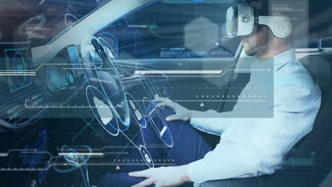 hombre usando auriculares vr con animación de interfaz de tablero de instrumentos de automóviles futurista