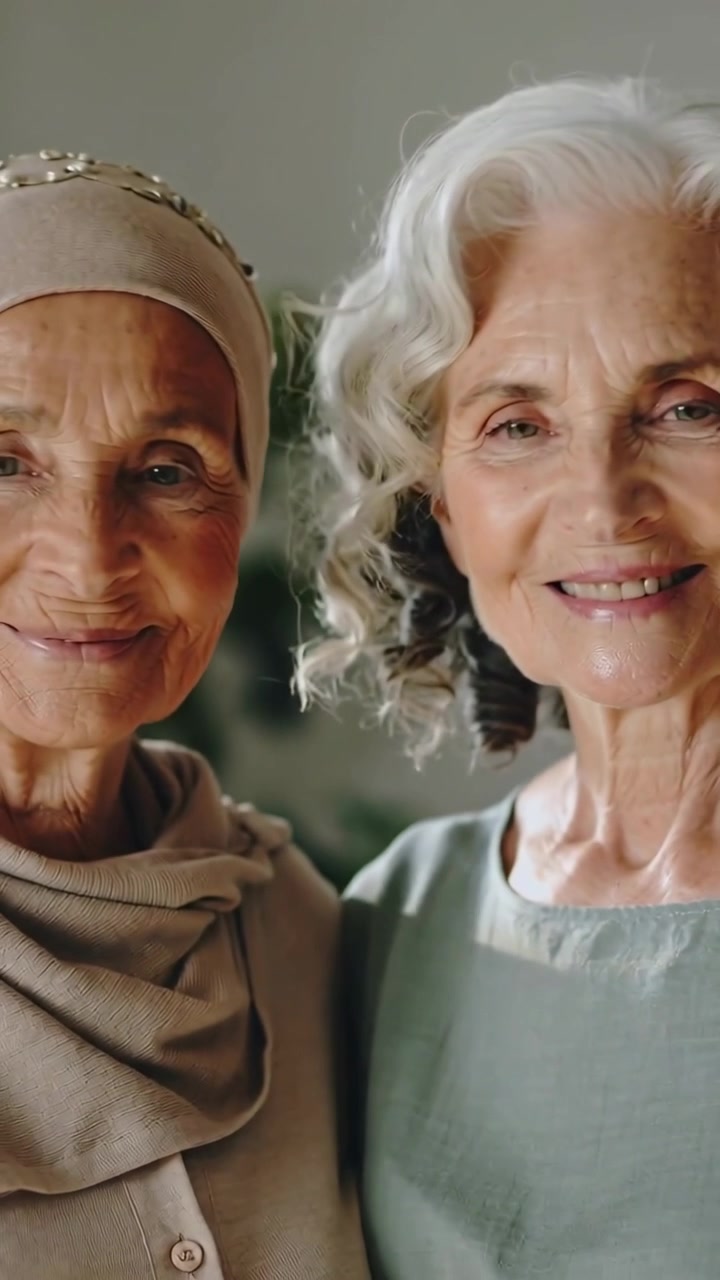 Vertical video: Camera pulling back, two women smiling, posing at home in headscarf and green top