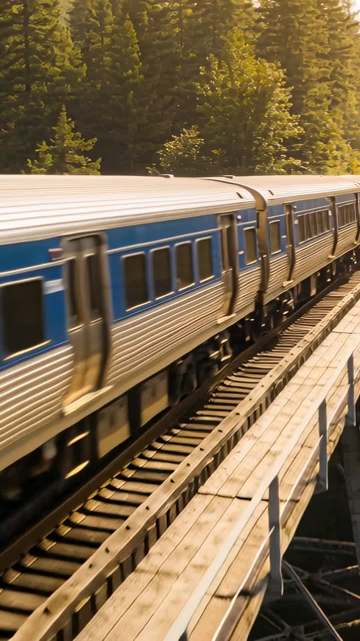 Vertical video: Train crossing bridge, engine pulling cars for transport, sunlit trees beside rails