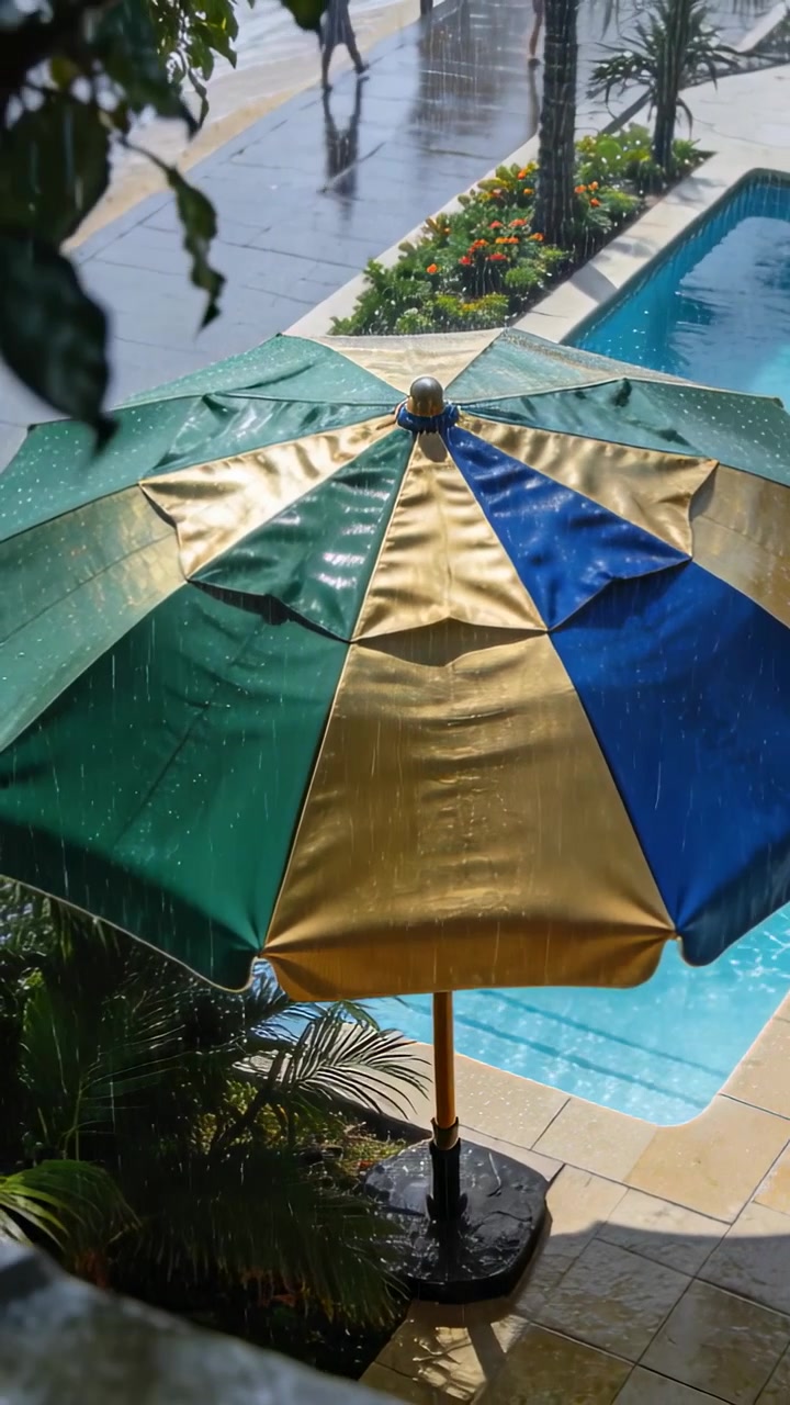 Video verticale: Che mostra un grande ombrello che perde acqua a bordo piscina mentre due uomini in pantaloncini passano camminando.