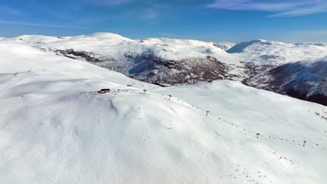 Aerial-of-Storhaugekspressen-Ski-Lift,-Myrkdalen-Resort,-Norway