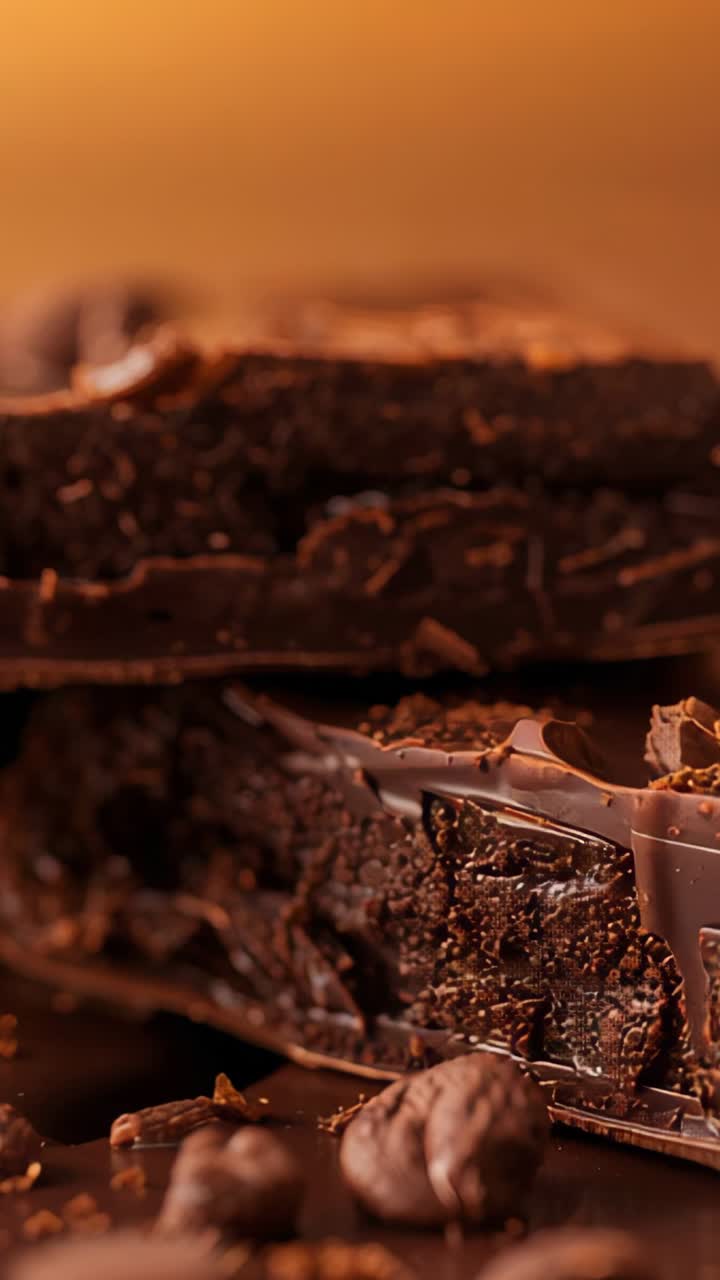 Vertical video: Starting chocolate drizzle coating stacked bars in studio, with coffee beans