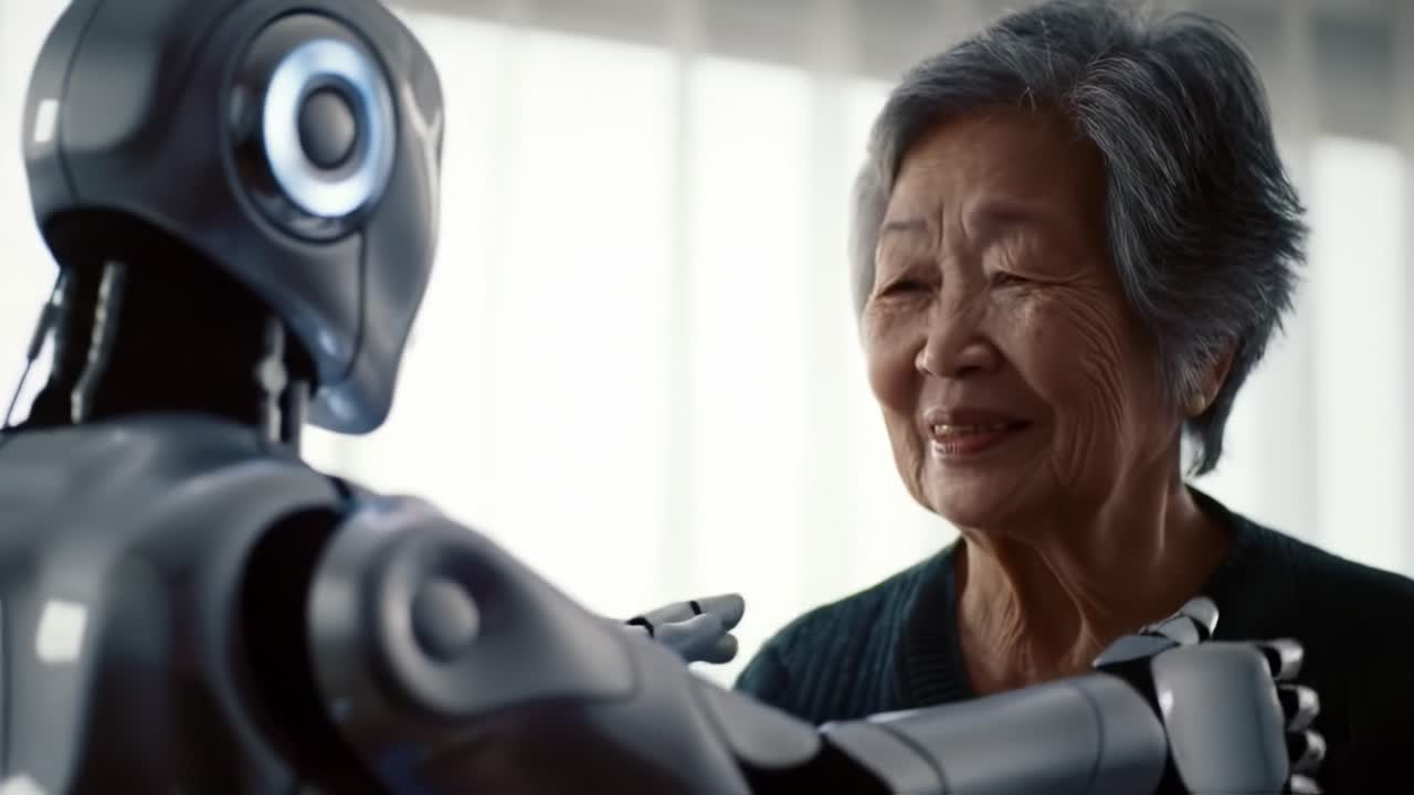 A humanoid robot gently embraces an elderly woman, showcasing the emotional bond between technology and humanity in a contemporary environment.
